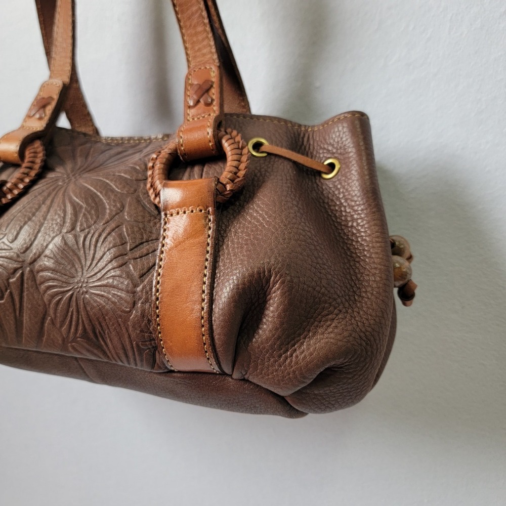 Fossil Brown Leather Floral Embossed Satchel with Tan Straps - Picture 4 of 13